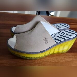 Fly London Women's Beige and Yellow Wedge Sandals. Size 39
